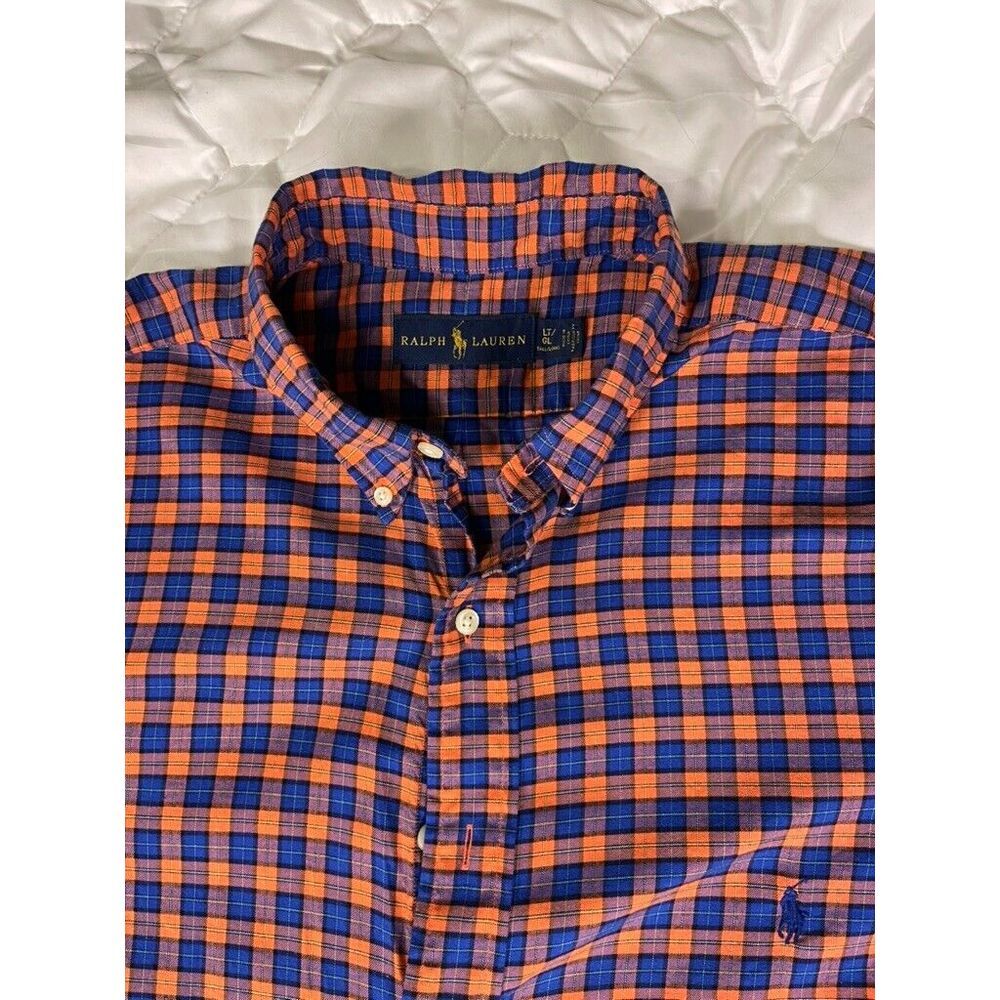 Ralph Lauren Mens Button-Down Shirt Orange Blue White Checked Long‎ Sleeve Large